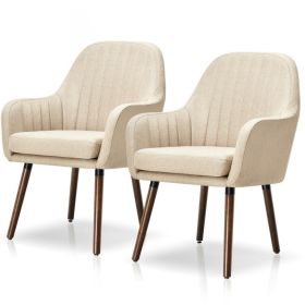 Set of 2 Off-White Linen Accent Chair with Stylish Wood Legs