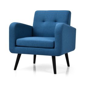 Retro Blue Linen Upholstered Accent Chair/Wooden Legs