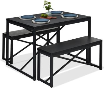 3-Piece Dining Set, Black Wood Top Table, 2 Bench Chairs