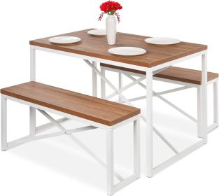 3-Piece Dining Set Wood Top White Table and 2 Bench Chairs