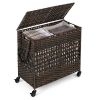 Brown PE Wicker Rattan 2 Section Rolling Laundry Hamper