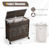 Brown PE Wicker Rattan 2 Section Rolling Laundry Hamper