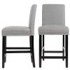 Set of 2 Dining Barstools w/ Black Wood Legs Grey Linen Seat