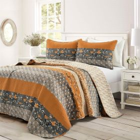 Orange Grey Floral Birds Reversible 3 Piece Quilt Set