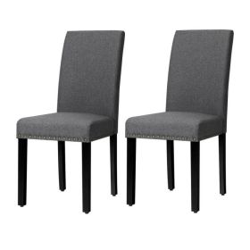 Set of 2 Grey Linen Upholstered Nailhead Dining Chairs