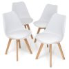 Set of 4 Modern White Leather Dining Chairs with Wood Legs