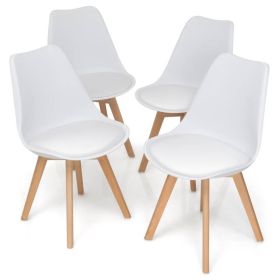 Set of 4 Modern White Leather Dining Chairs with Wood Legs