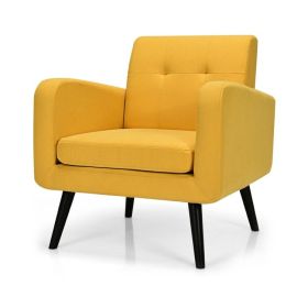 Retro Yellow Linen Upholstered Accent Chair/Wooden Legs