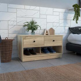 Storage Bench Beji, Lower Shelf, Two Drawers, Light Oak Finish